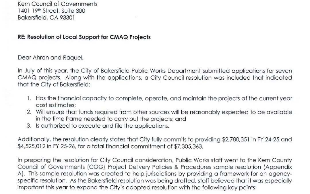Bakersfield Letter to Kern Cog – CMAQ Projects